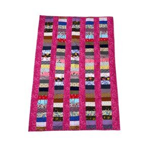 Handmade Patchwork Lap  Quilt Baby Crib Pink Border 40”x 57” Cottage Core Gift